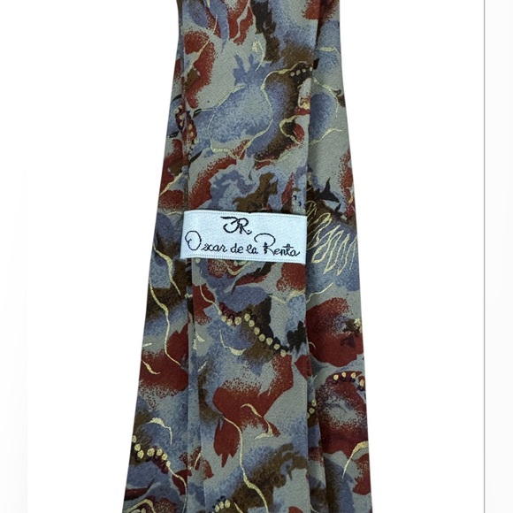 OSCAR de la RENTA - Men’s Silk Patterned Vintage Tie, Grey/ Red/ Gold/ Brown - Picture 2 of 4